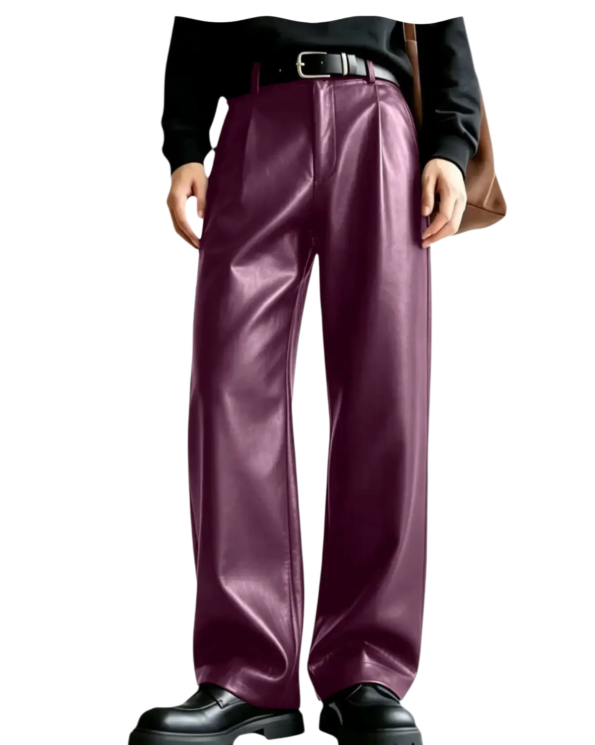 Men’s purple pu leather wide leg trousers with a sleek glossy finish and classic pleated front design
