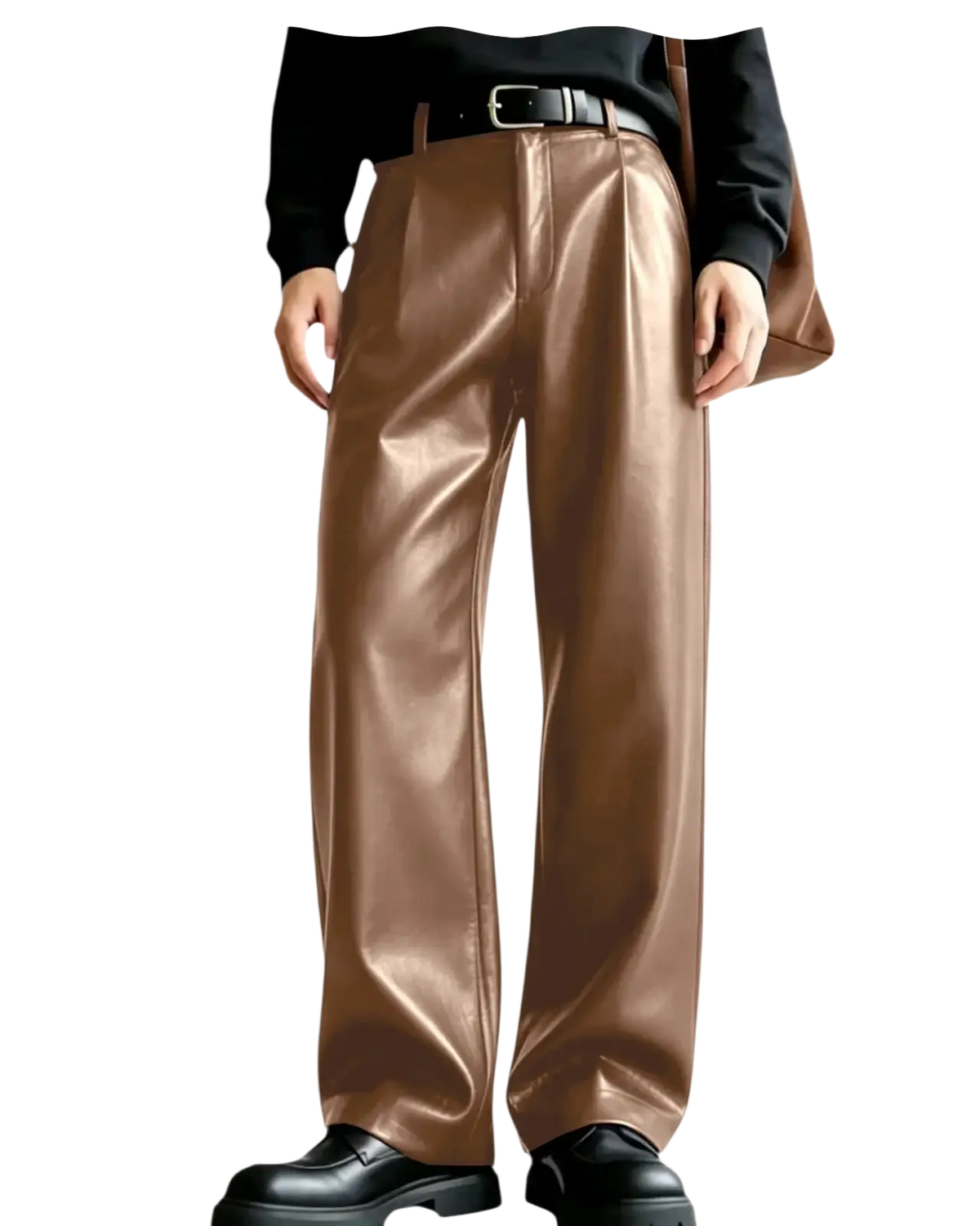 Mens pu leather wide leg trousers in shiny bronze color featuring a sleek modern design