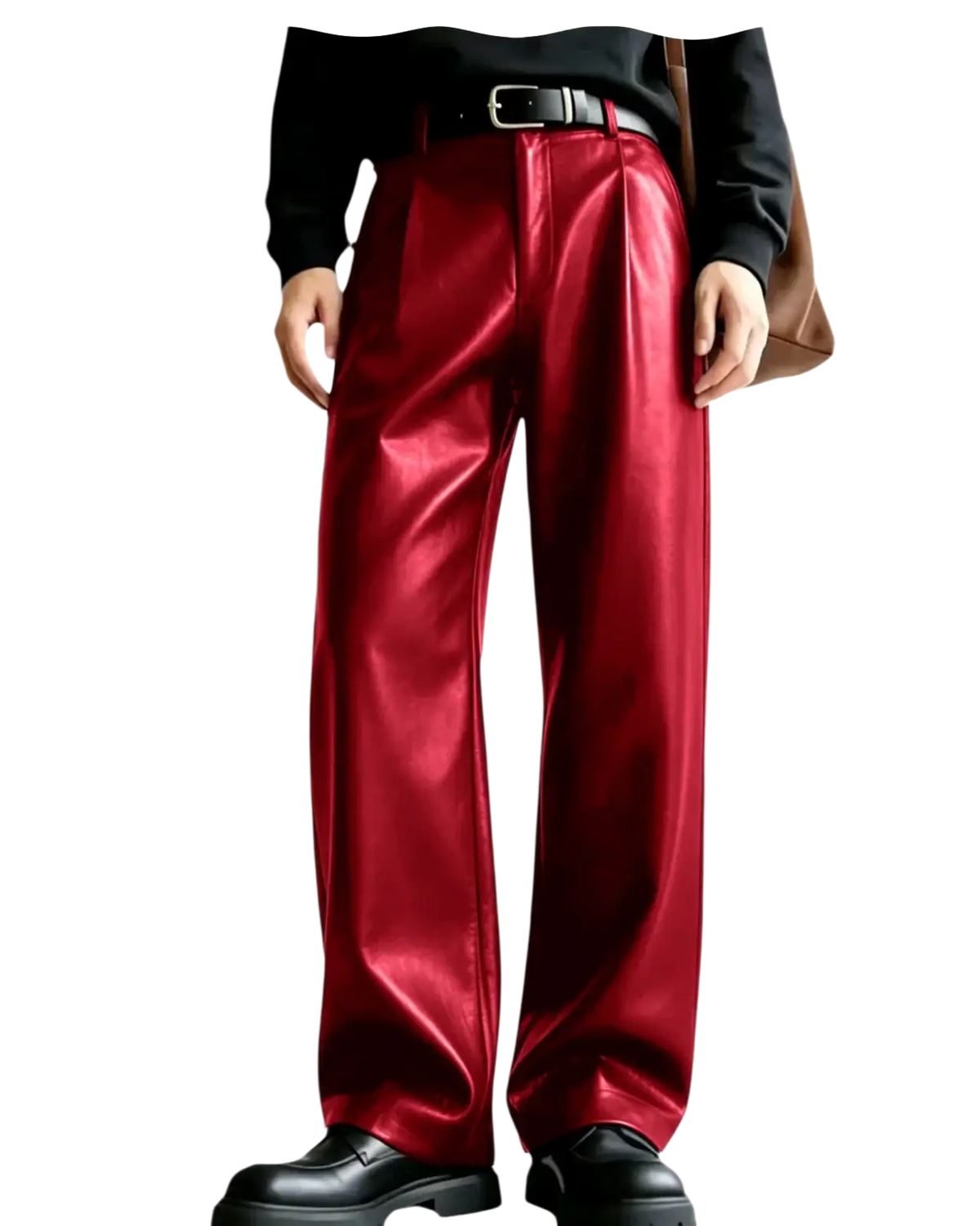 Men’s shiny red pu leather wide-leg trousers showcasing a sleek and bold fashion statement