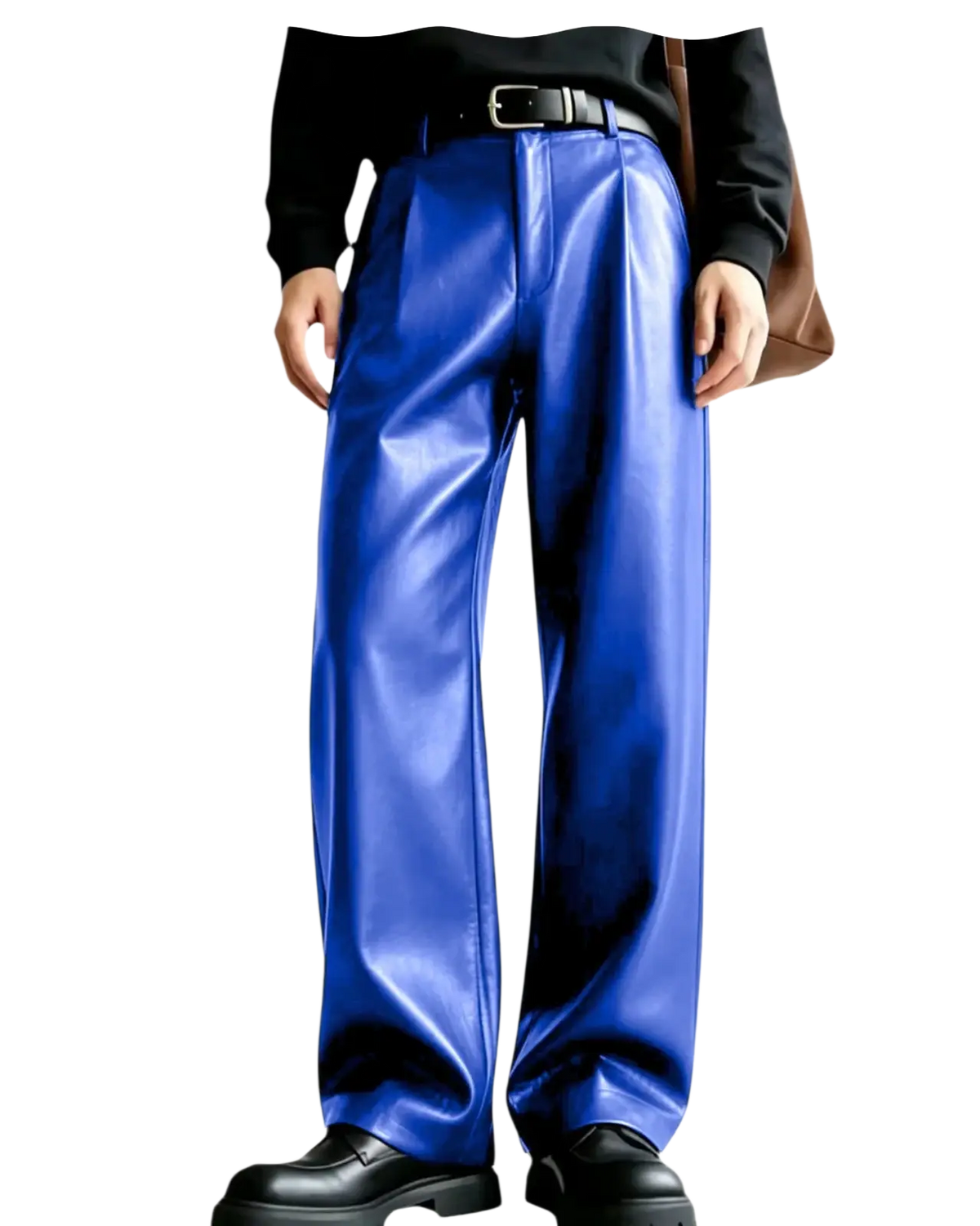 Men’s pu leather wide leg trousers in vibrant royal blue with a sleek glossy finish and classic pleated front