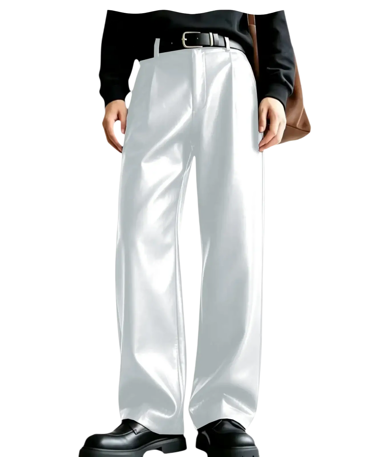 Men’s white pu leather wide leg trousers with a satin-like glossy finish and clean creases