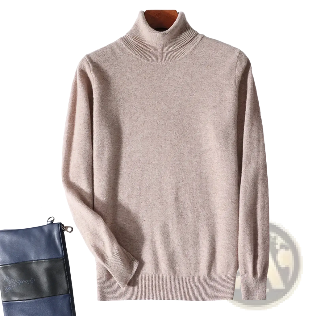 Beige men’s pure wool turtleneck sweater with soft fine-knit texture and ribbed cuffs for winter pullover use