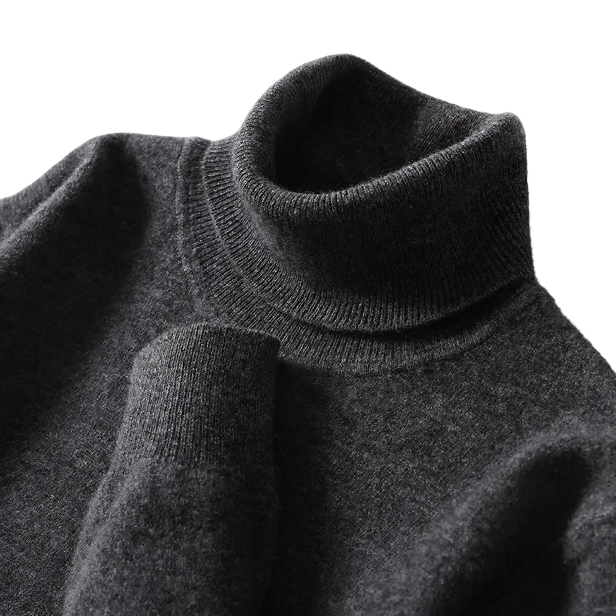 Dark gray men’s pure wool turtleneck sweater with soft textured knit fabric perfect for winter pullover use