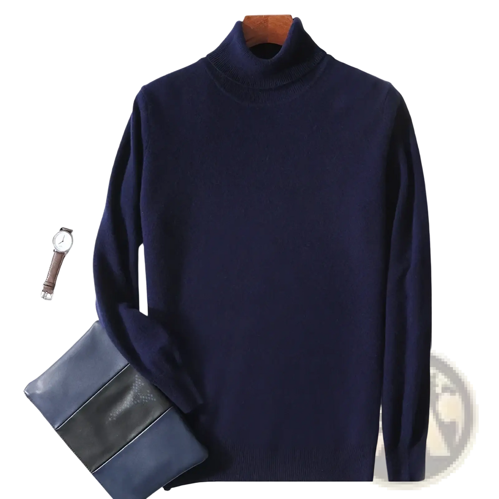 Men’s navy blue pure wool turtleneck sweater with smooth knit texture and ribbed cuffs for winter wear