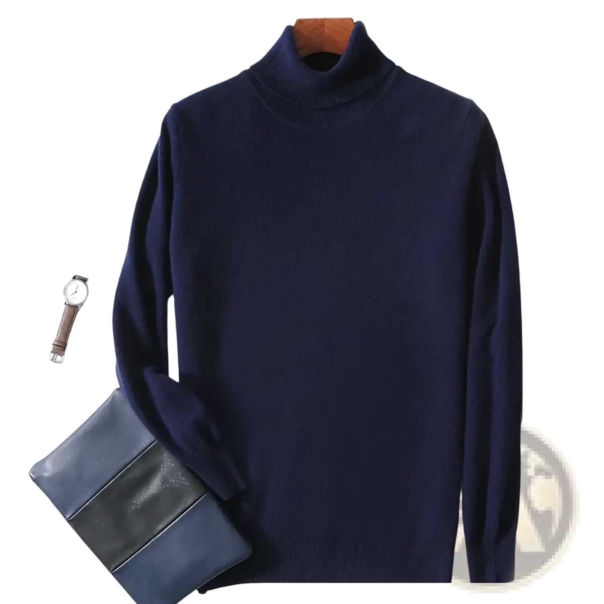 Men’s navy blue pure wool turtleneck sweater with smooth knit texture and ribbed cuffs for winter wear