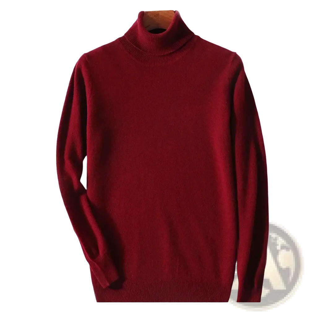 Men’s pure wool turtleneck sweater in rich burgundy with a smooth fine-knit texture for winter wear