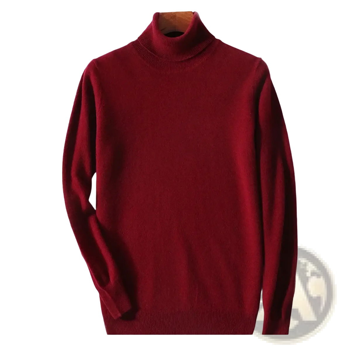 Men’s pure wool turtleneck sweater in rich burgundy with a smooth fine-knit texture for winter wear