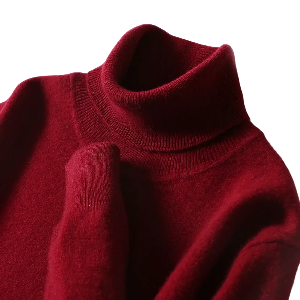 A rich burgundy men’s pure wool turtleneck sweater with soft knit texture and ribbed collar for winter wear