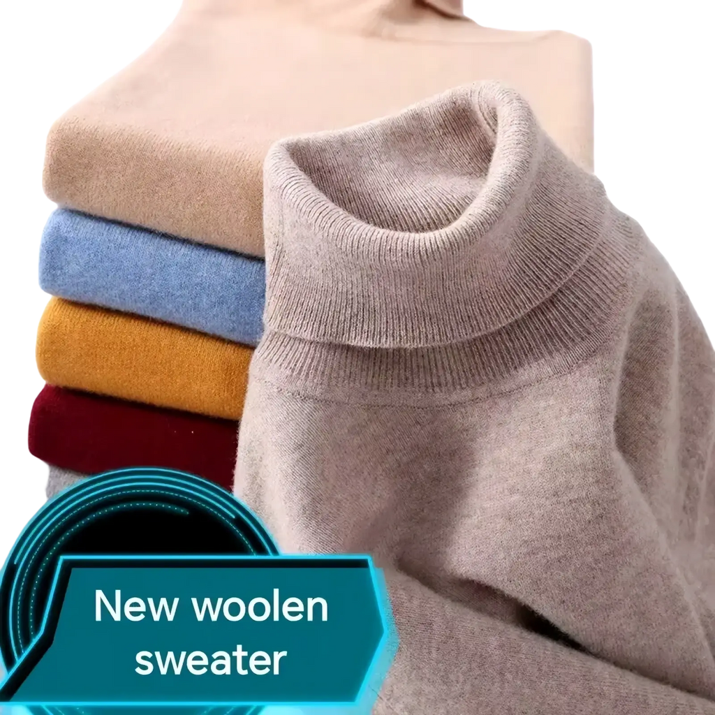 Men’s pure wool turtleneck sweater in soft beige with ribbed collar and knit texture for winter wear