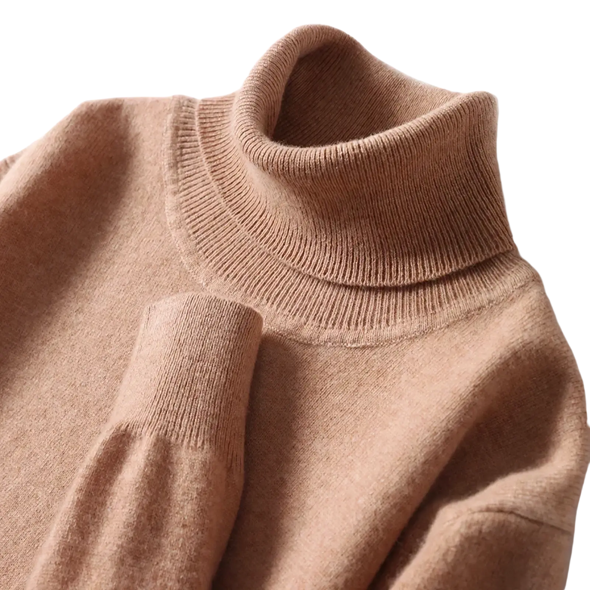 Men’s pure wool camel-colored turtleneck sweater with ribbed knit collar and cuffs for winter wear