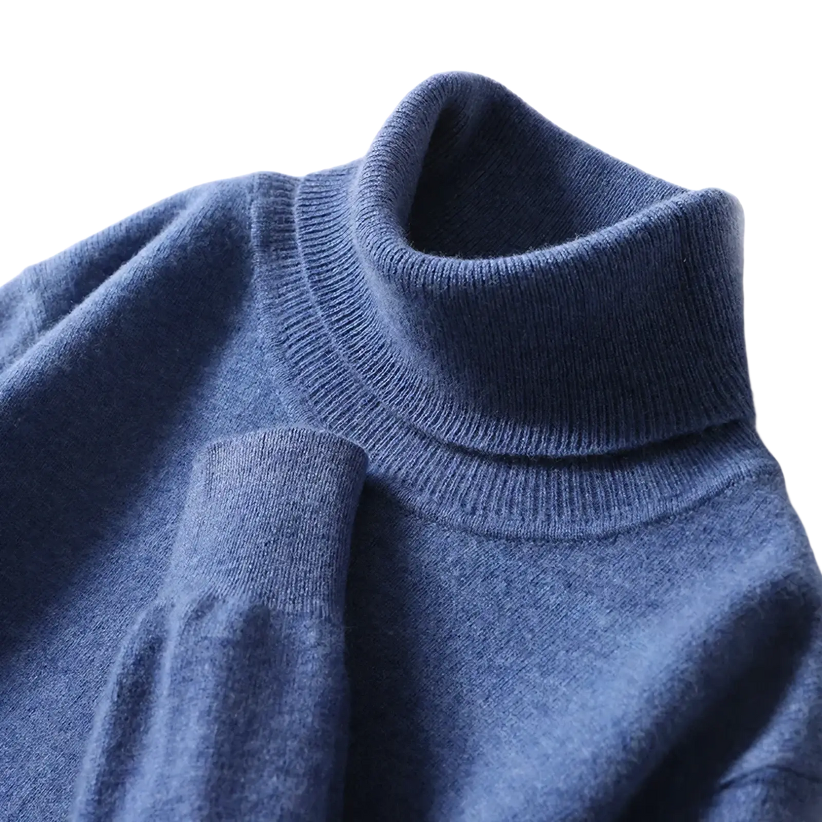 Men’s pure wool turtleneck sweater in soft deep blue with ribbed knit collar and cuffs for winter pullover use