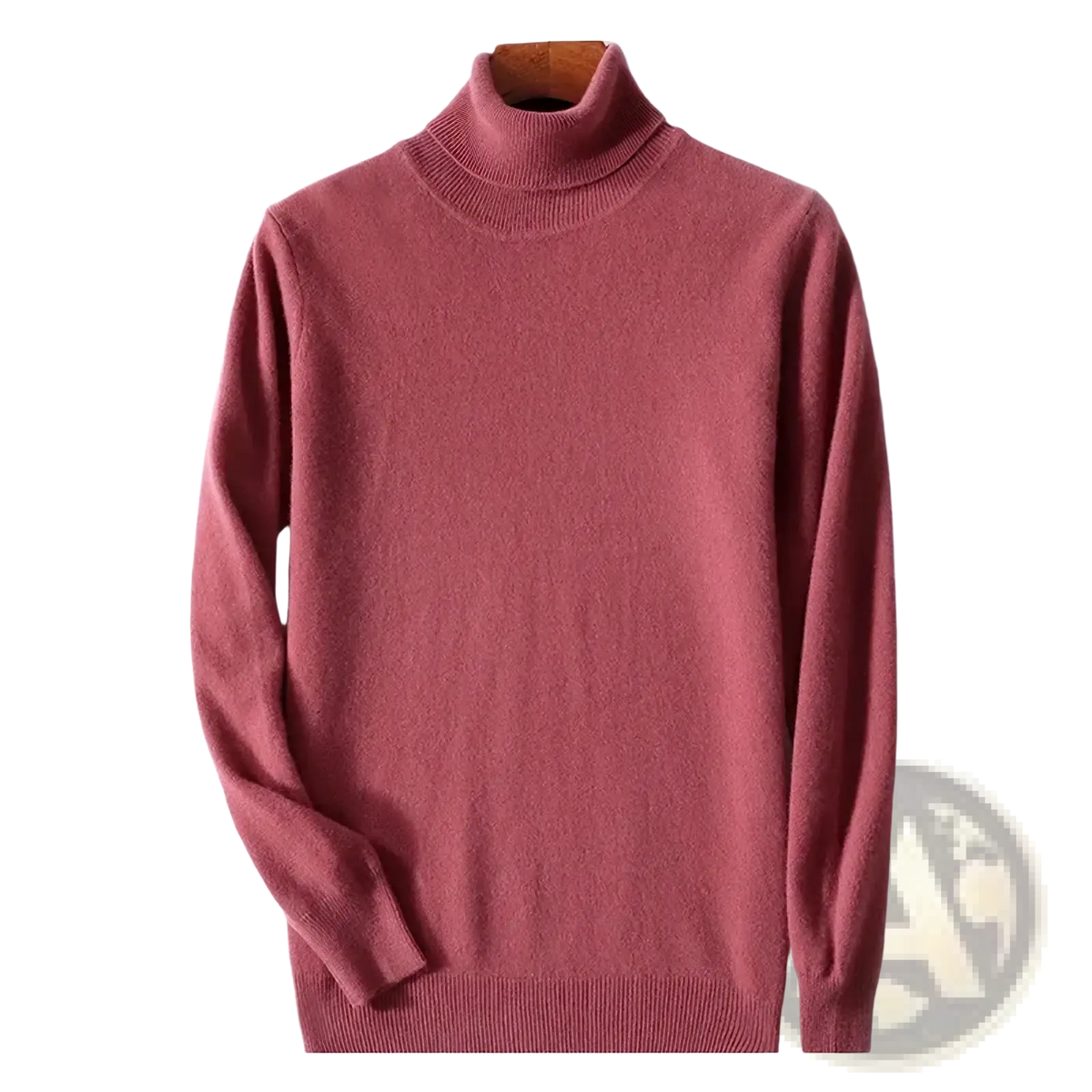 Men’s pure wool dusty rose turtleneck sweater with fine knit texture and ribbed cuffs for winter wear