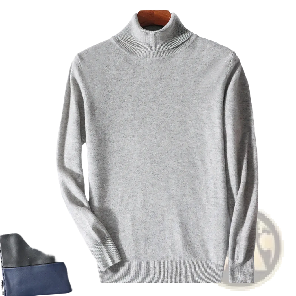 Men’s pure wool turtleneck sweater in soft heather gray with ribbed collar and cuffs for winter wear