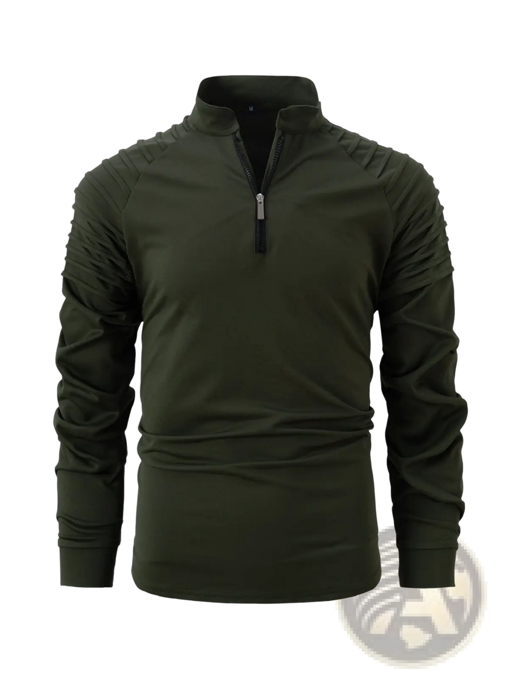 Men’s olive green quarter zip athletic polo shirt with long sleeves and ribbed textured shoulder panels in a sleek fit