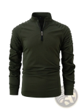 Men’s olive green quarter zip athletic polo shirt with long sleeves and ribbed textured shoulder panels in a sleek fit