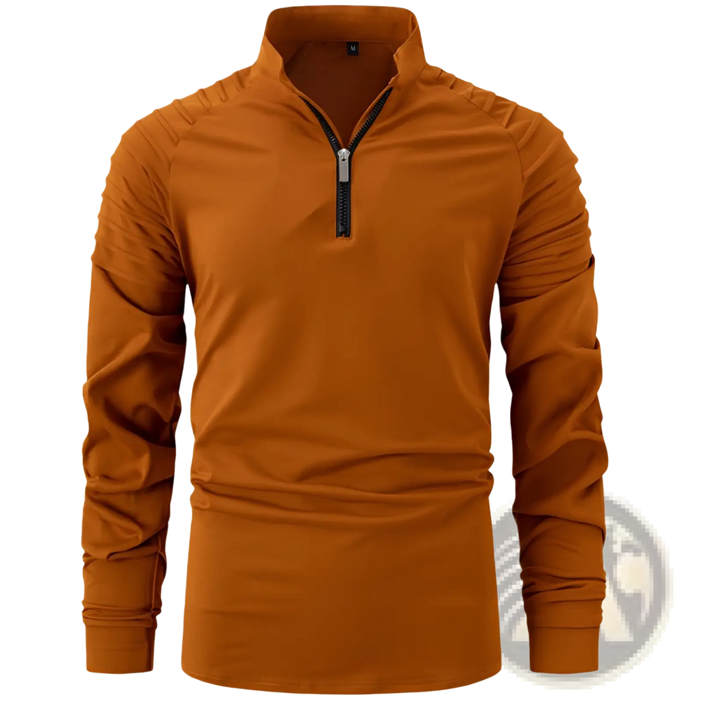 Men’s rust-orange quarter zip athletic polo shirt with long sleeves ribbed collar and textured shoulder panels