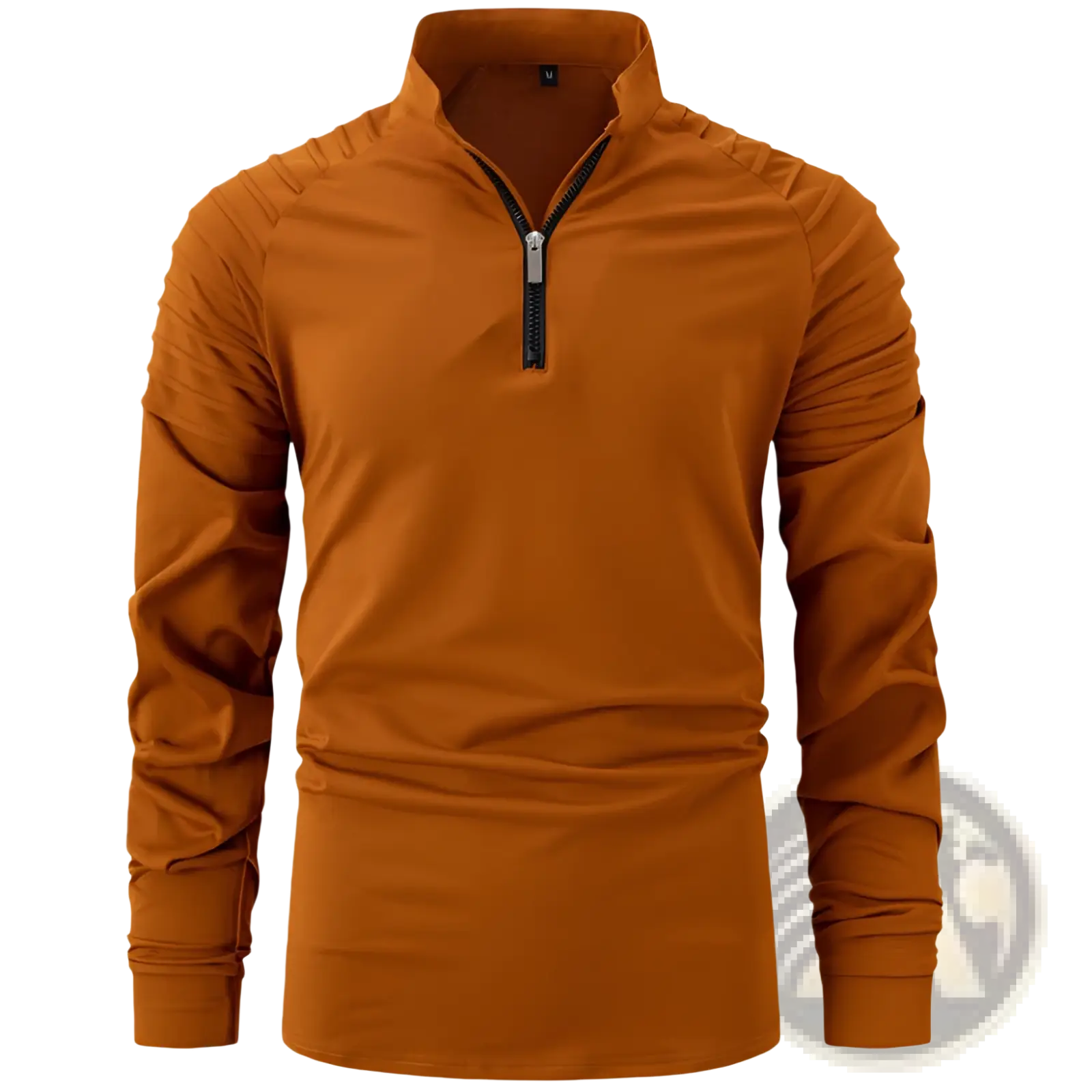 Men’s rust-orange quarter zip athletic polo shirt with long sleeves ribbed collar and textured shoulder panels
