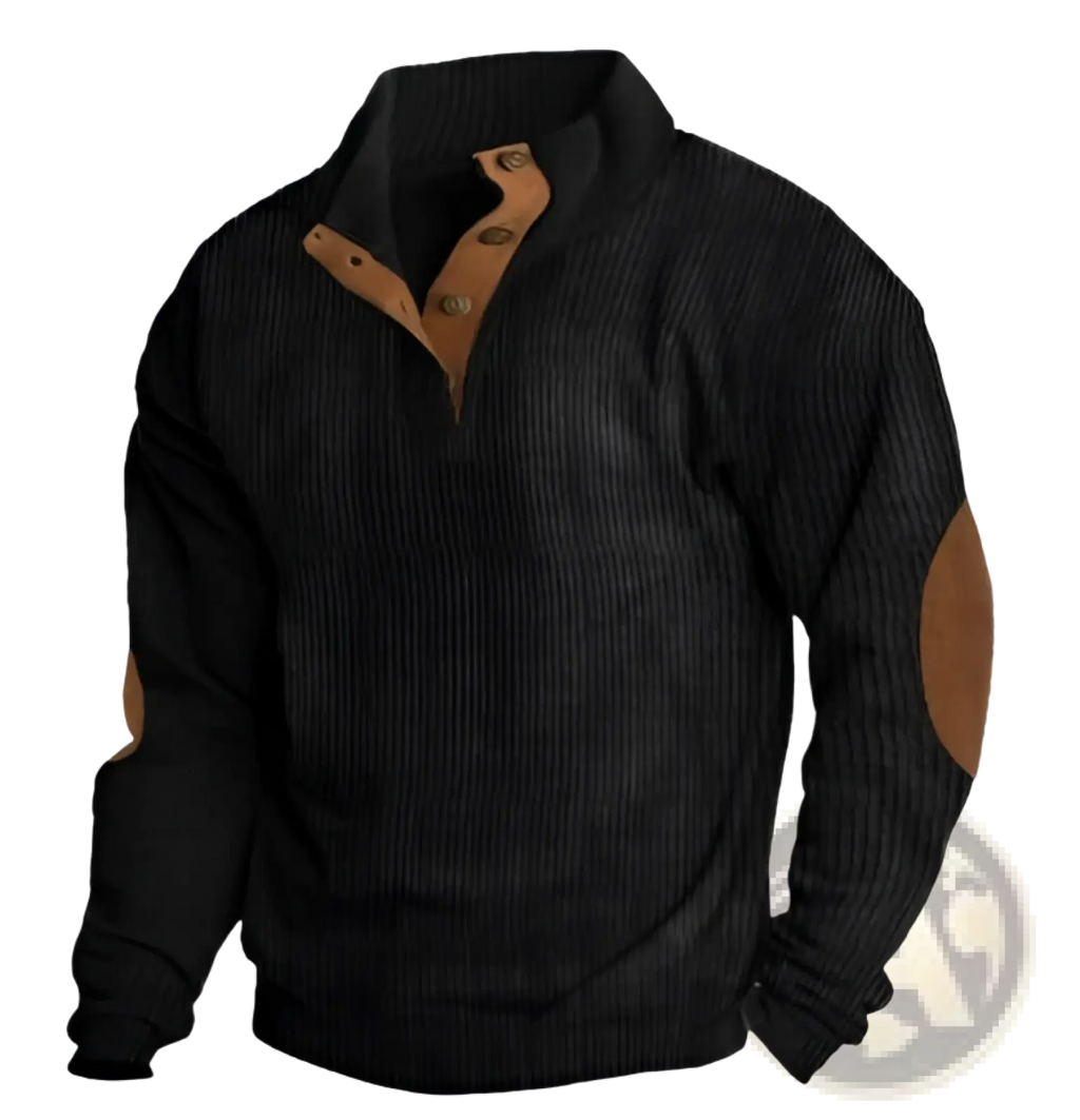 Men’s quarter zip corduroy pullover sweater in black with tan leather patches on shoulders and collar