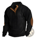 Men’s quarter zip corduroy pullover sweater in black with tan leather patches on shoulders and collar