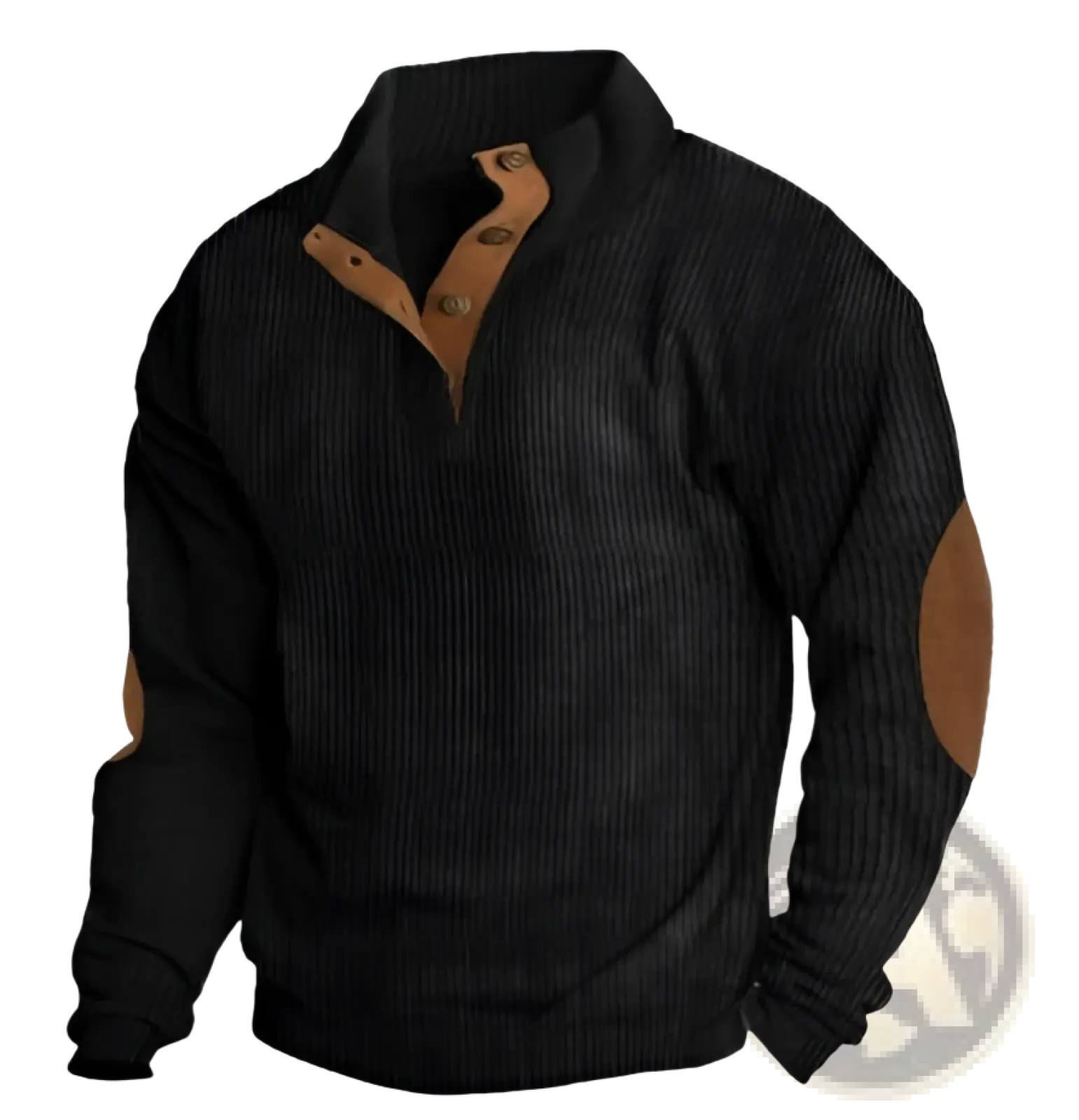 Men’s quarter zip corduroy pullover sweater in black with tan leather patches on shoulders and collar