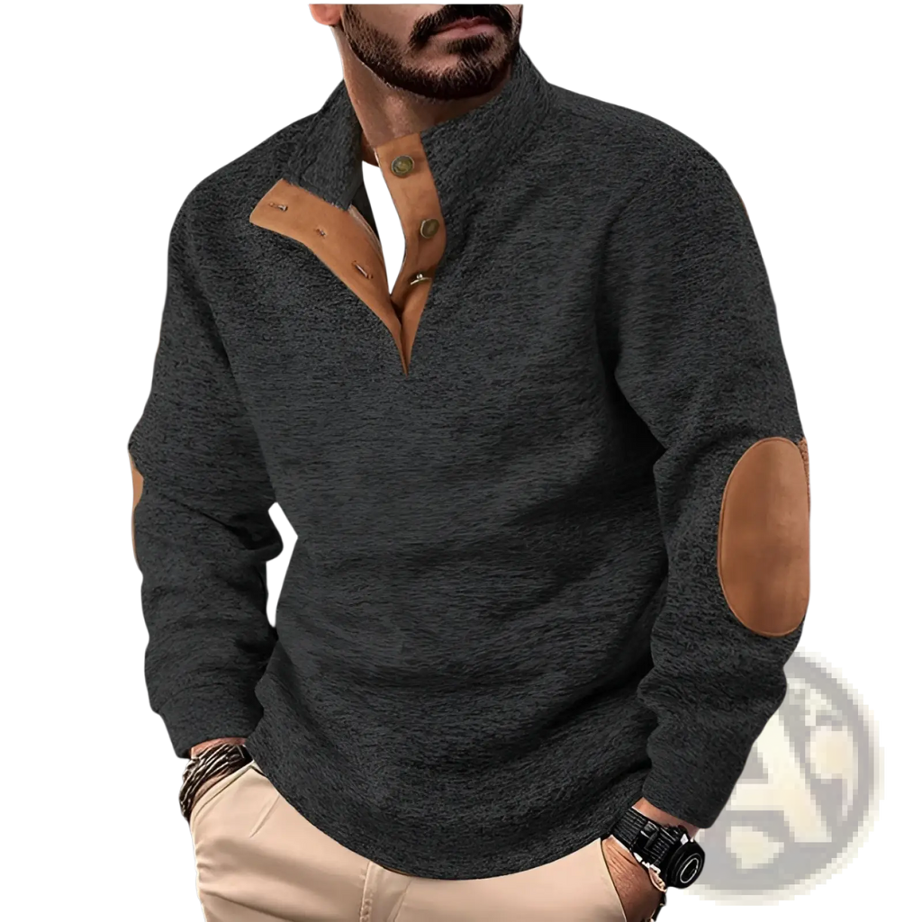Men’s dark gray quarter zip corduroy pullover sweater with textured knit and tan leather patch accents on collar and elbows