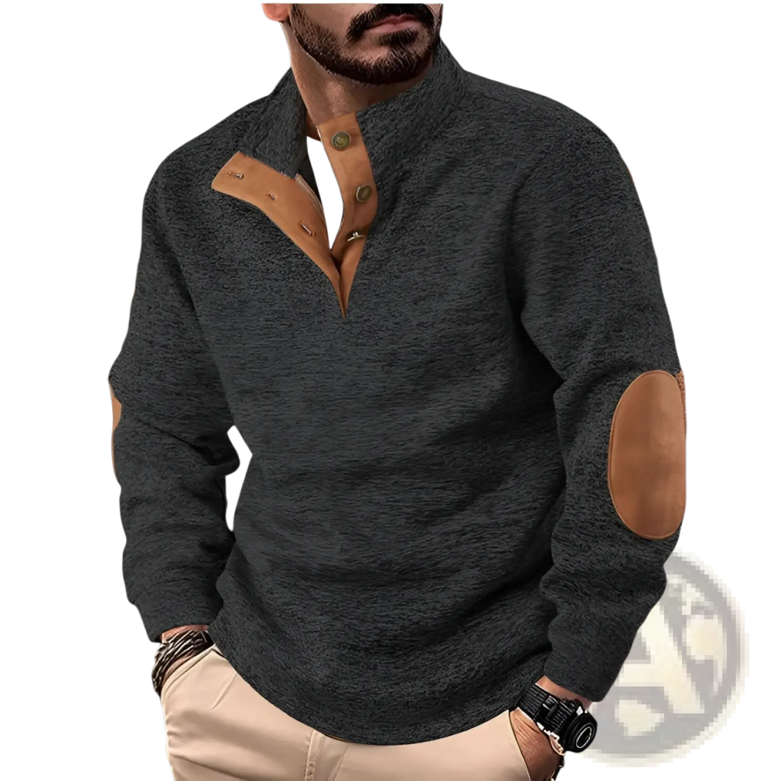 Men’s dark gray quarter zip corduroy pullover sweater with textured knit and tan leather patch accents on collar and elbows