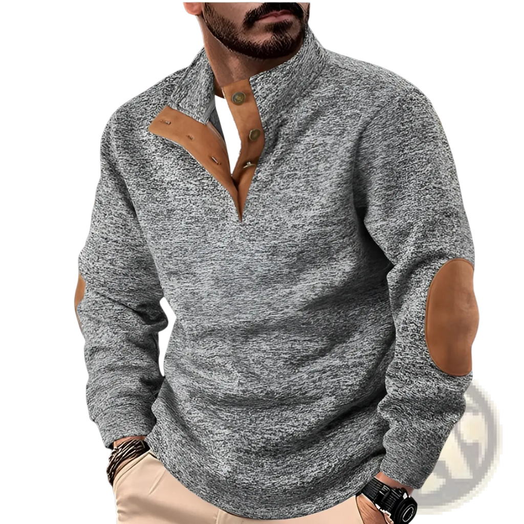 Men’s gray heathered quarter zip sweater with tan leather collar and elbow patches in corduroy fabric