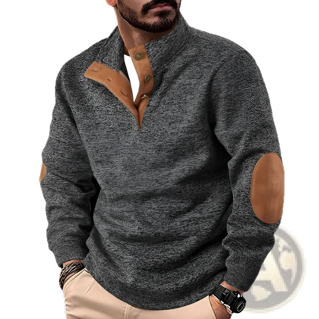 Men’s quarter zip corduroy pullover sweater in gray marled knit with tan leather collar, placket, and elbow patches