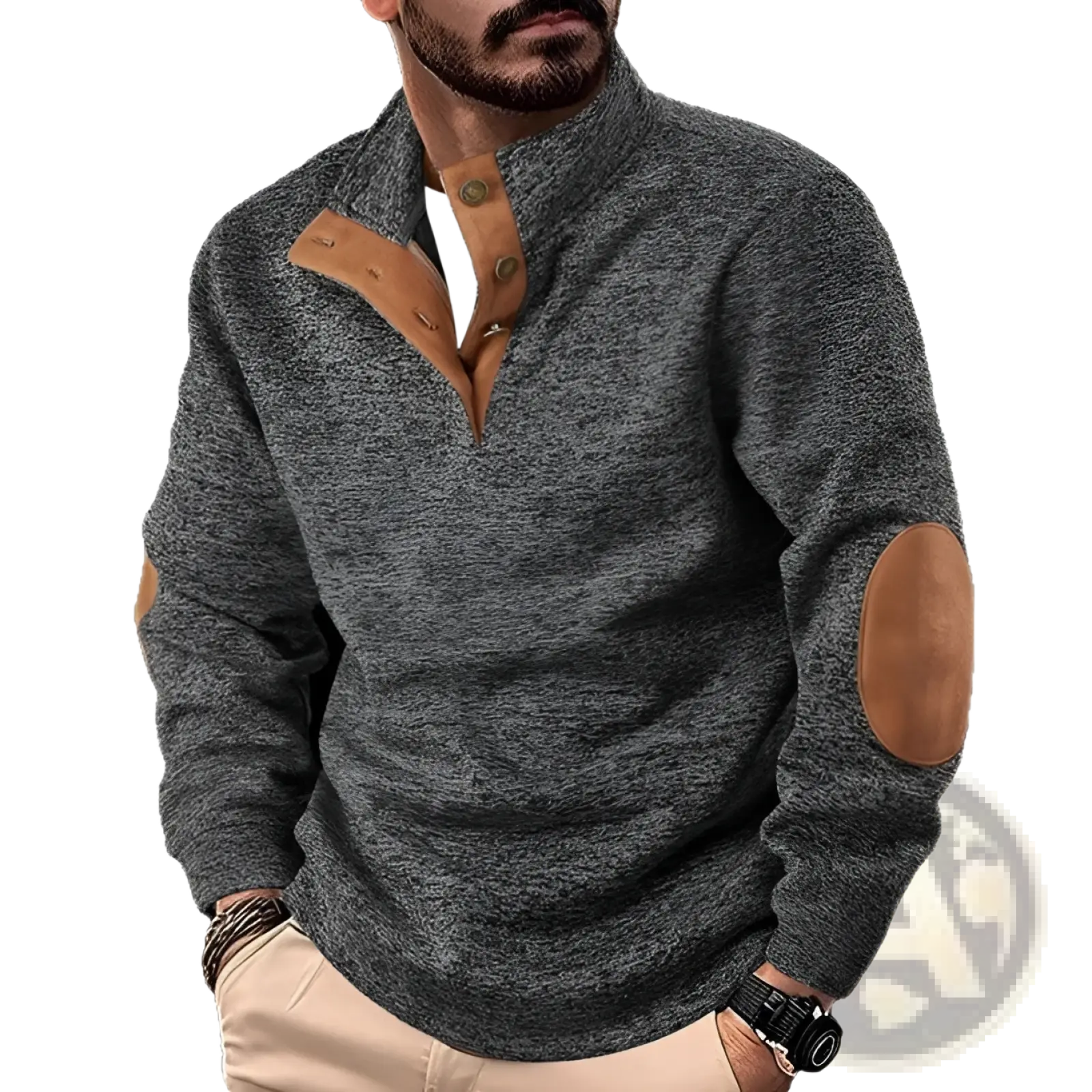 Men’s quarter zip corduroy pullover sweater in gray marled knit with tan leather collar, placket, and elbow patches