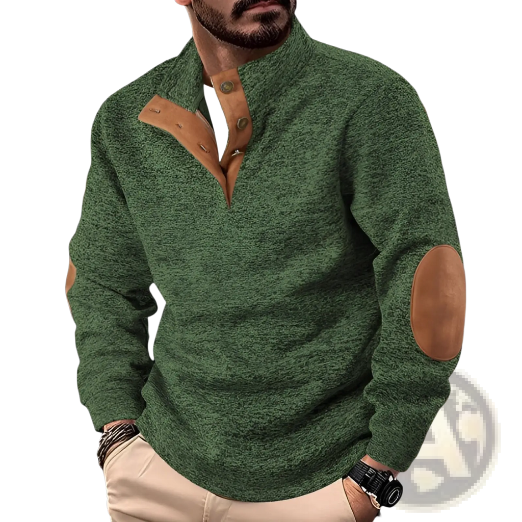 Men’s quarter zip corduroy pullover sweater in green knit with tan leather patches on chest and elbows