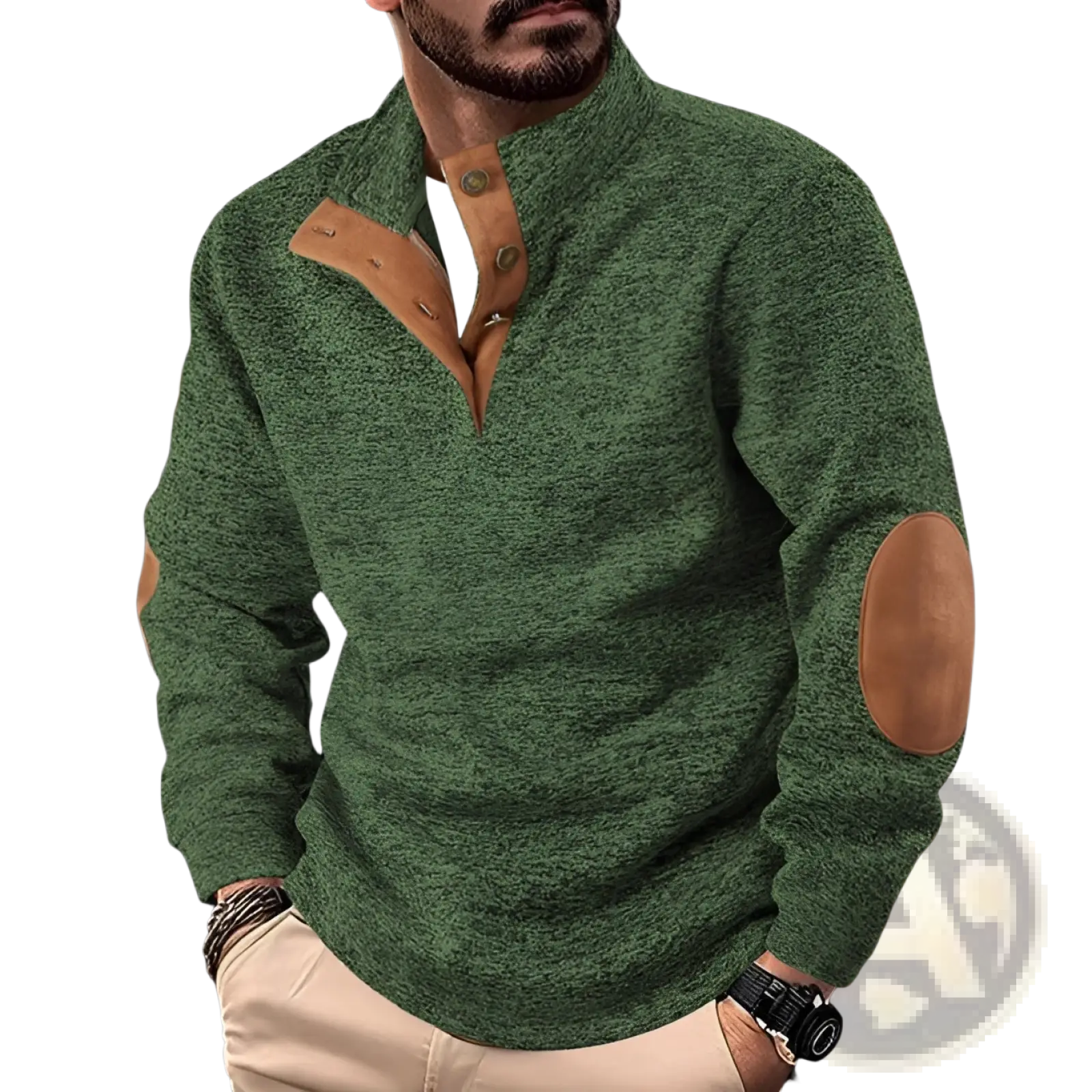 Men’s quarter zip corduroy pullover sweater in green knit with tan leather patches on chest and elbows