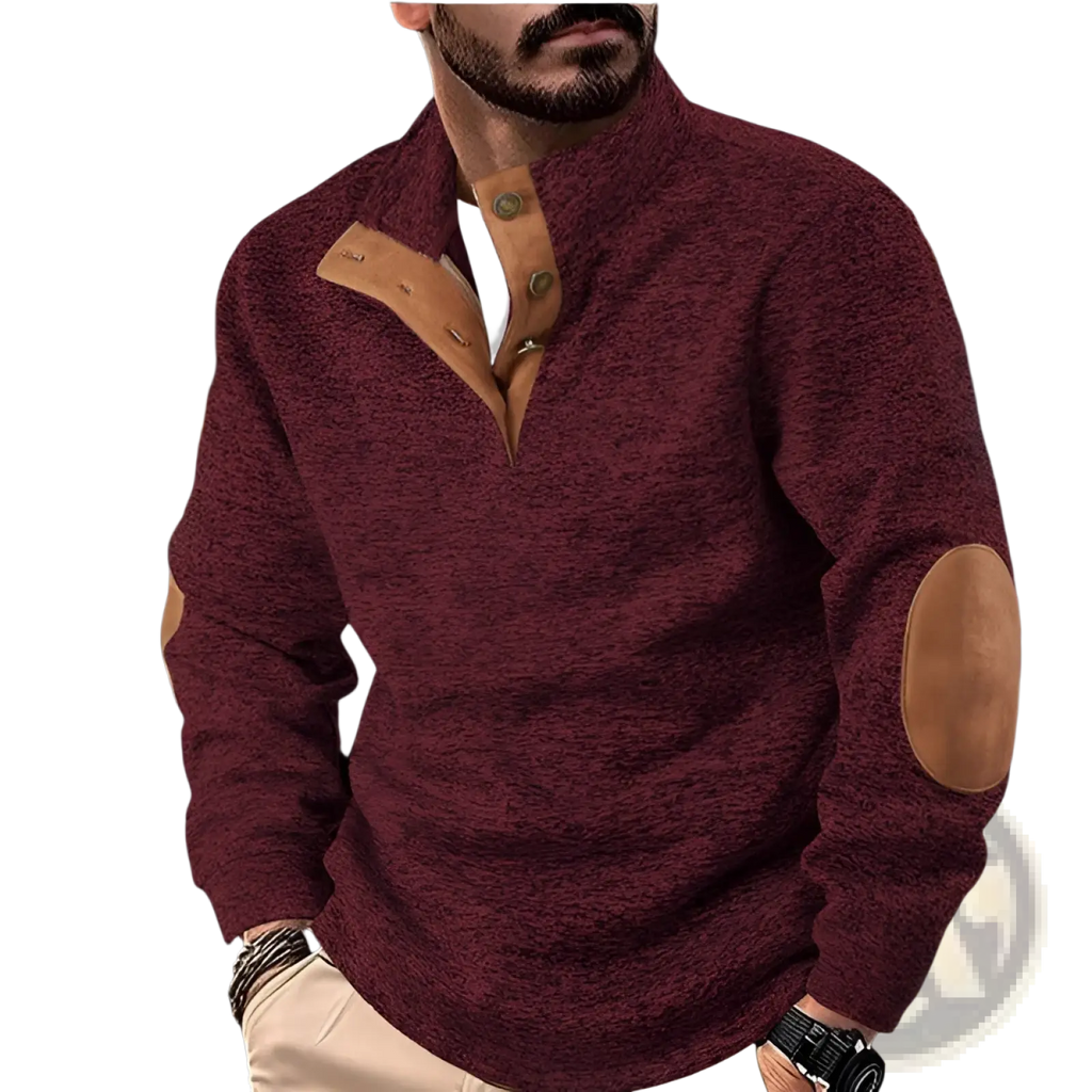 Men’s quarter zip corduroy pullover sweater in maroon knit with tan leather patches on collar and elbows