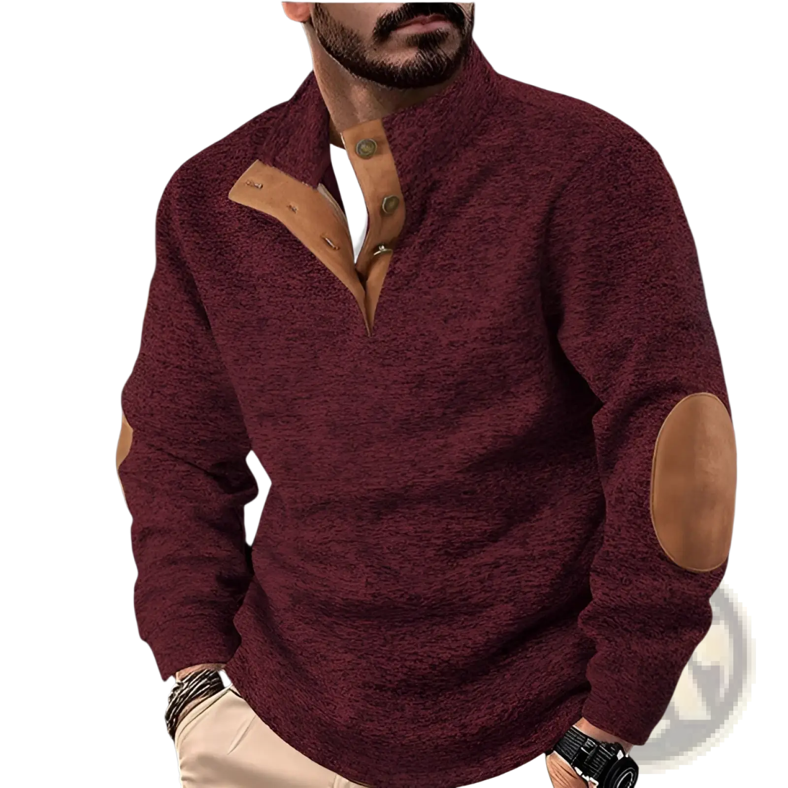 Men’s quarter zip corduroy pullover sweater in maroon knit with tan leather patches on collar and elbows