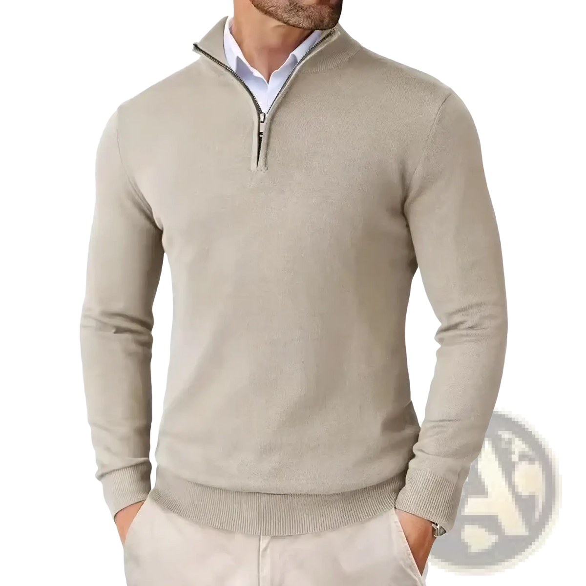 Mens slim fit beige quarter zip knit sweater with ribbed cuffs and hem for casual and smart wear