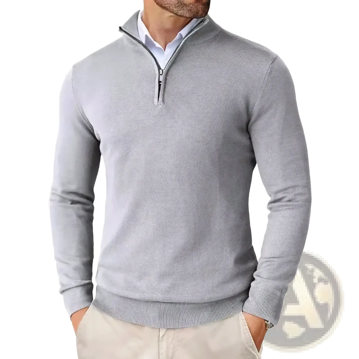 Men’s slim fit gray quarter zip knit sweater with ribbed cuffs and hem made from soft knit material