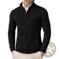 Men’s slim fit black quarter zip knit sweater with ribbed cuffs and hem for a polished casual look