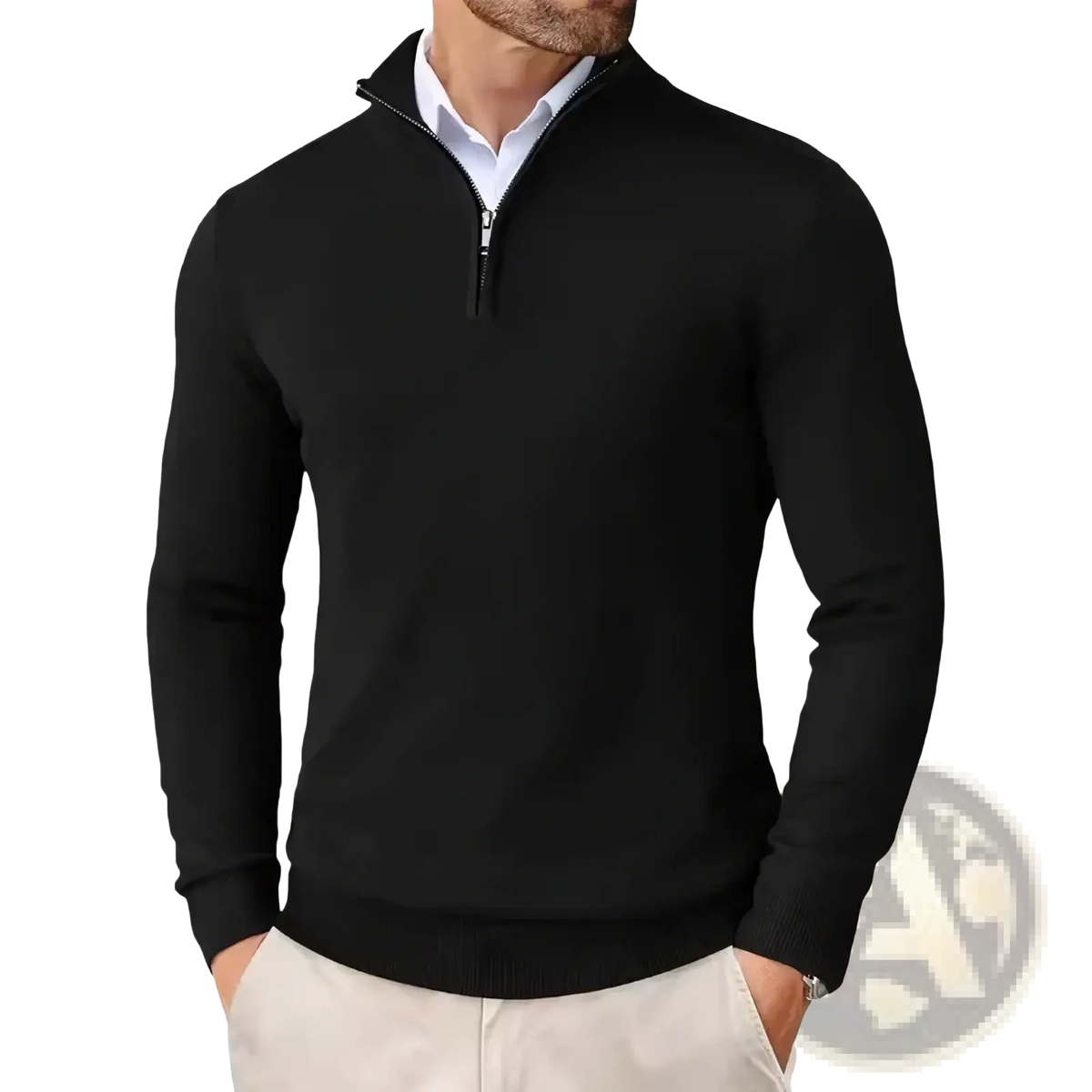 Men’s slim fit black quarter zip knit sweater with ribbed cuffs and hem for a polished casual look