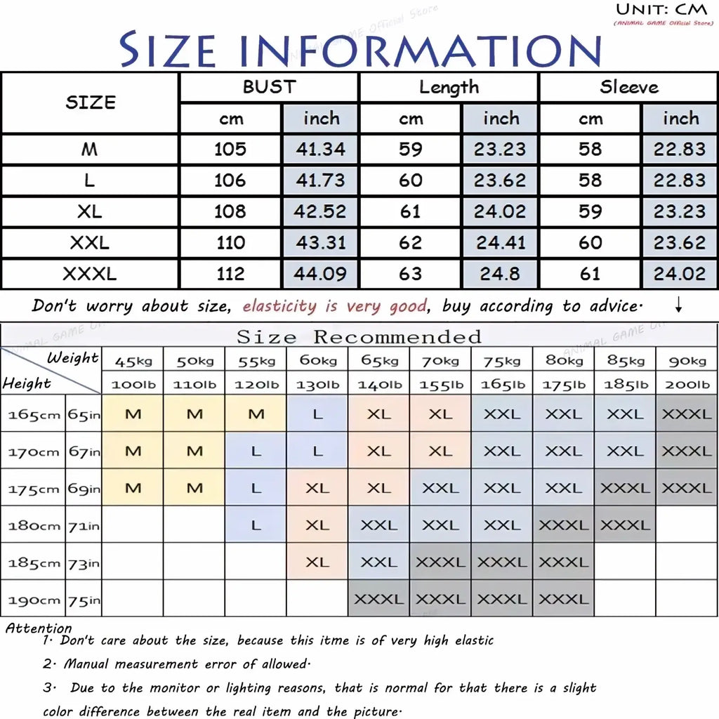 Size information chart for men’s quarter zip knit sweater slim fit with elastic fabric showing measurements in cm and inch