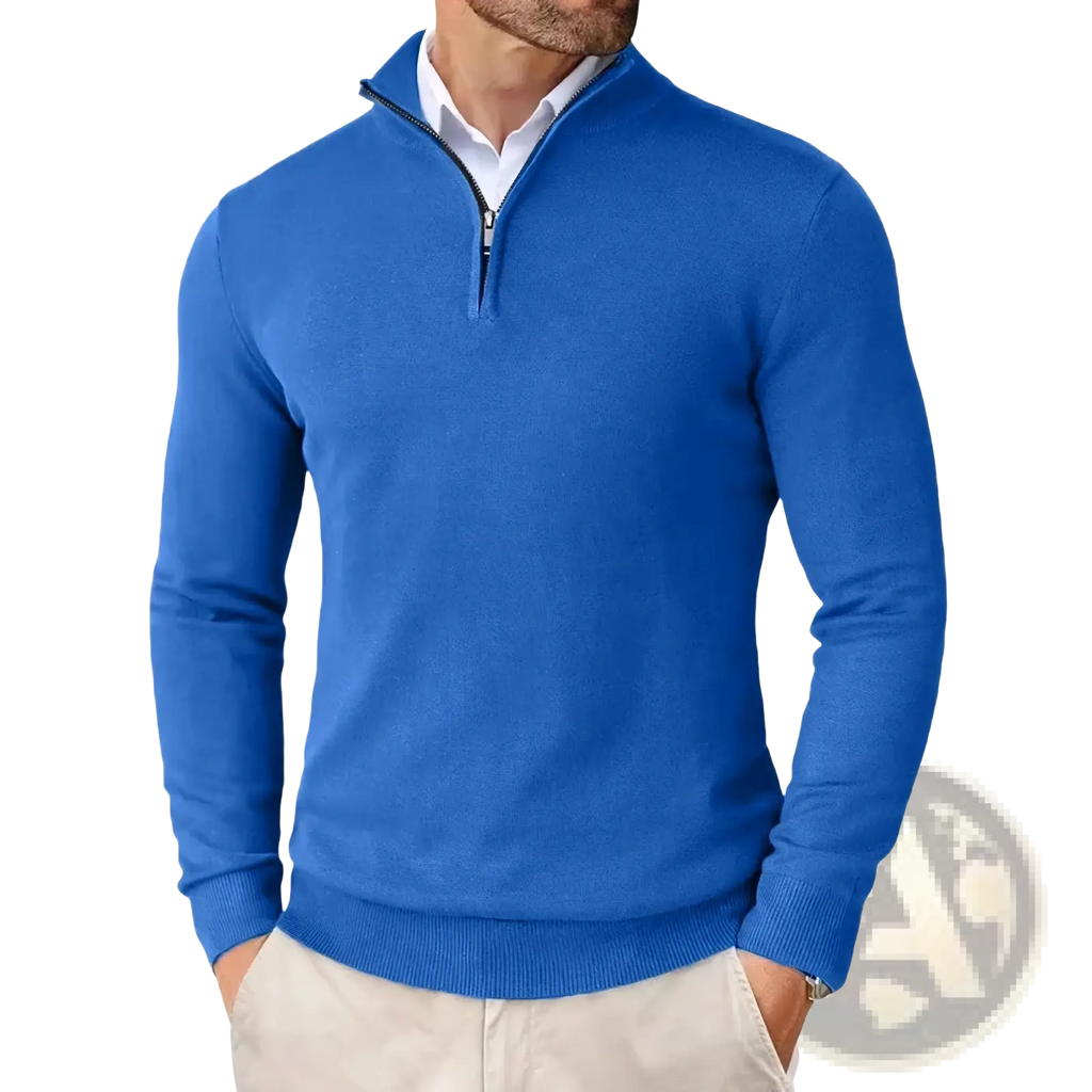 Men’s slim fit quarter zip royal blue knit sweater with ribbed cuffs and hem made of vibrant knit fabric