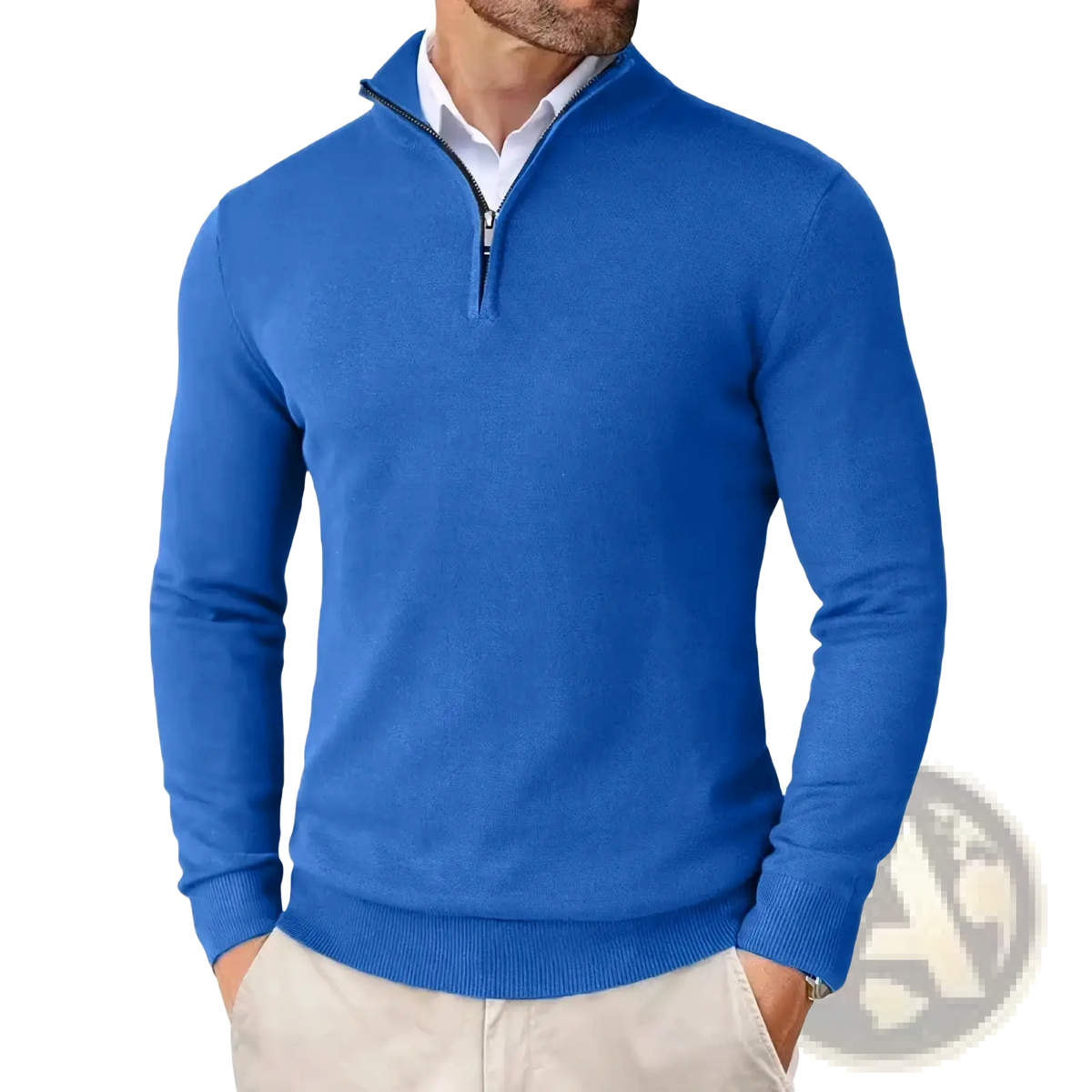 Men’s slim fit quarter zip royal blue knit sweater with ribbed cuffs and hem made of vibrant knit fabric