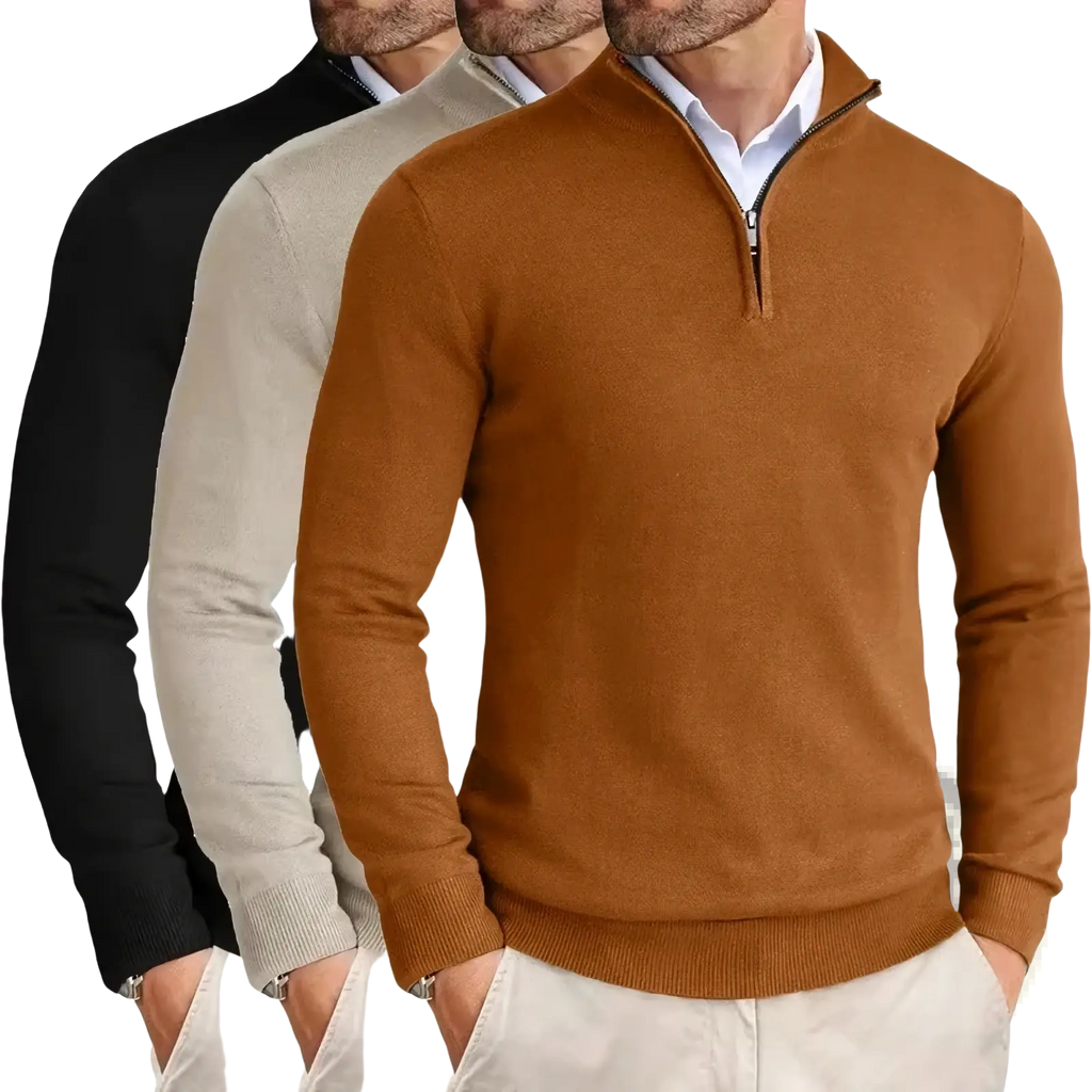 Men’s slim fit quarter zip knit sweater in warm caramel with ribbed collar and cuffs long sleeves
