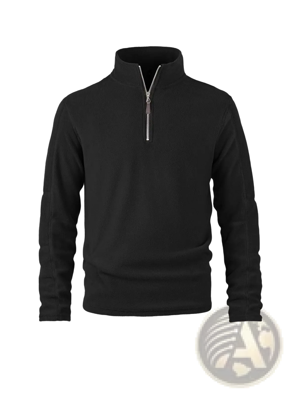 Men’s quarter zip polar fleece pullover hoodie in black with silver zipper and ribbed cuffs made of soft fleece