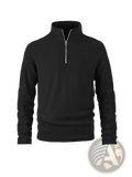 Men’s quarter zip polar fleece pullover hoodie in black with silver zipper and ribbed cuffs made of soft fleece