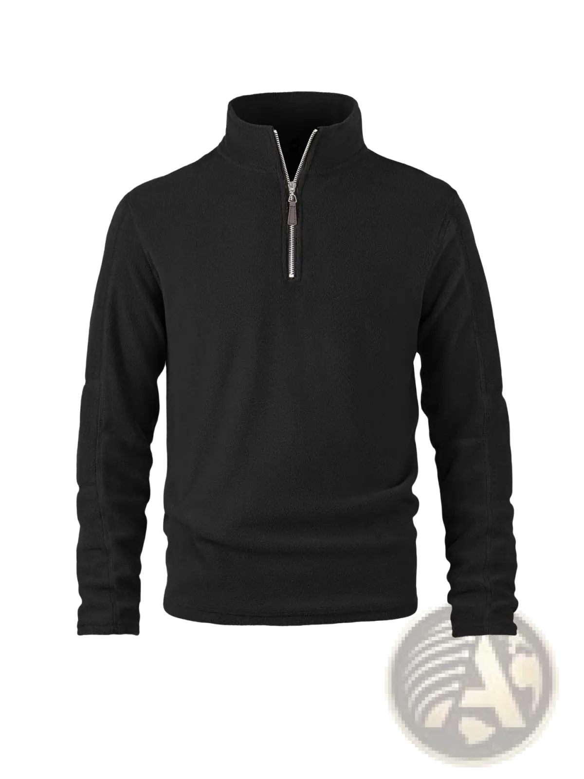 Men’s quarter zip polar fleece pullover hoodie in black with silver zipper and ribbed cuffs made of soft fleece