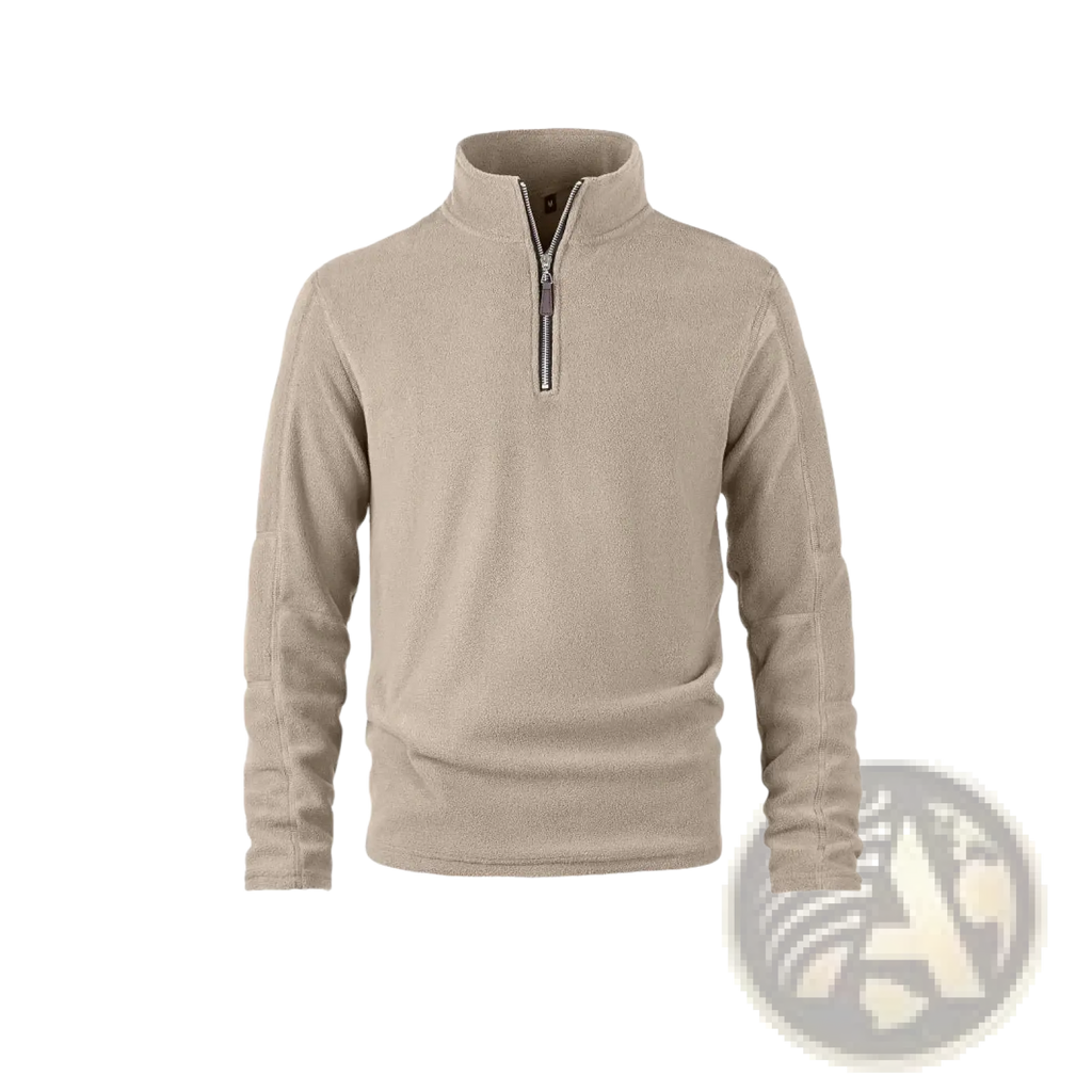 Men’s beige quarter zip polar fleece pullover hoodie with soft textured fabric and subtle ribbed cuffs