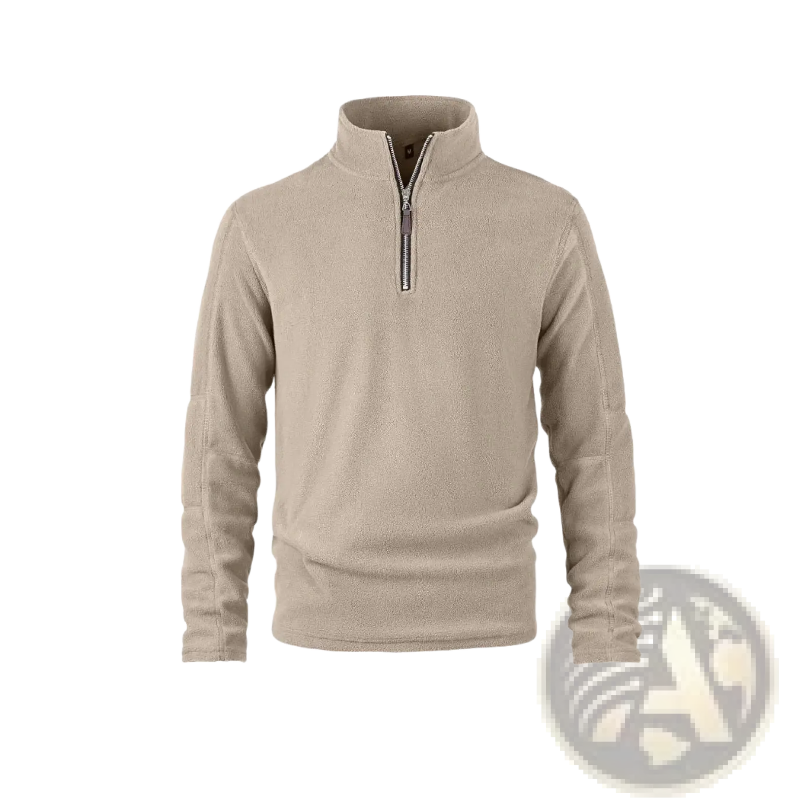 Men’s beige quarter zip polar fleece pullover hoodie with soft textured fabric and subtle ribbed cuffs