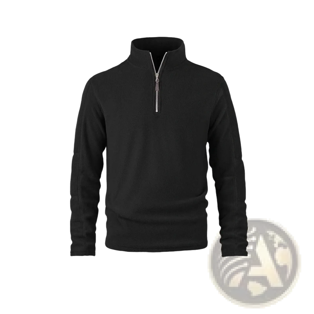 Men’s black long-sleeved quarter zip polar fleece pullover with silver zipper for warmth and comfort