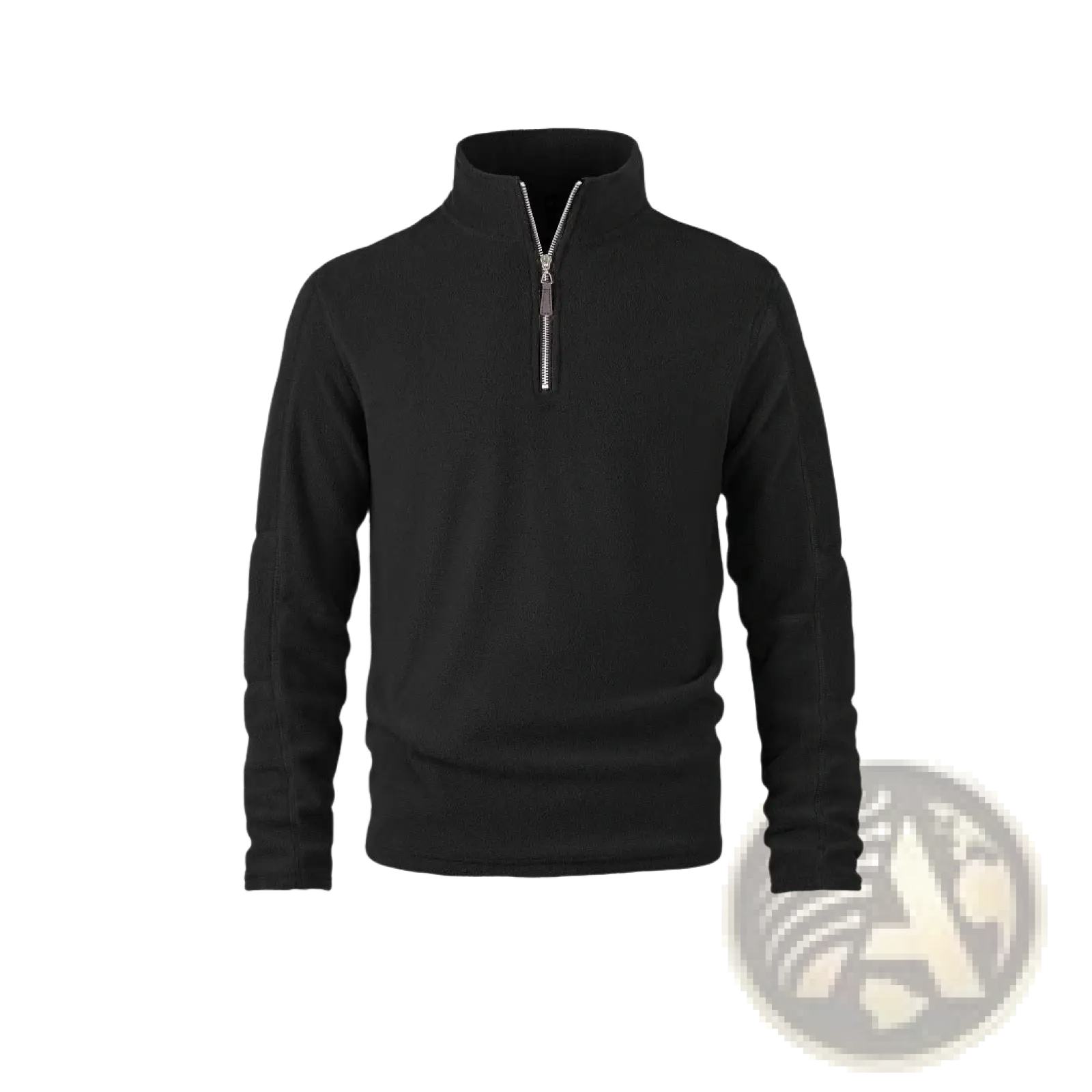 Men’s black long-sleeved quarter zip polar fleece pullover with silver zipper for warmth and comfort