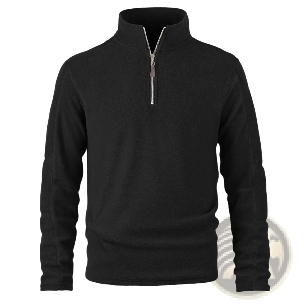 Men’s quarter zip polar fleece pullover hoodie in black with silver zipper and ribbed cuffs made of soft fleece