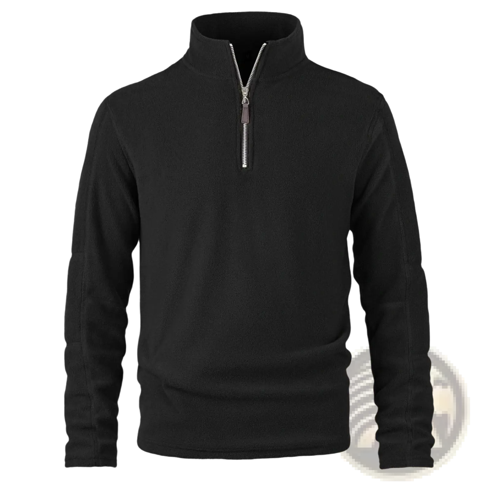 Men’s quarter zip polar fleece pullover hoodie in black with silver zipper and ribbed cuffs made of soft fleece